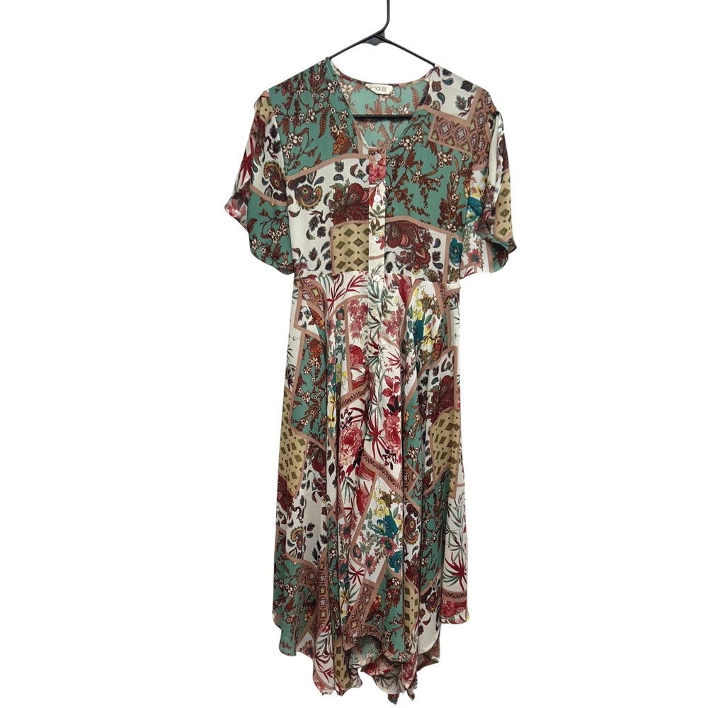 Roolee‎ Floral Patchwork Midi Dress Short Sleeve Boho Cottagecore Sz M
